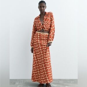Zara SET Rust Orange Printed Maxi Skirt & matching top.